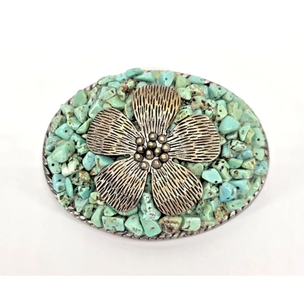 Vintage Ivan Faux Turquoise Chip Stone Floral Sunflower Western Belt‎ Buckle